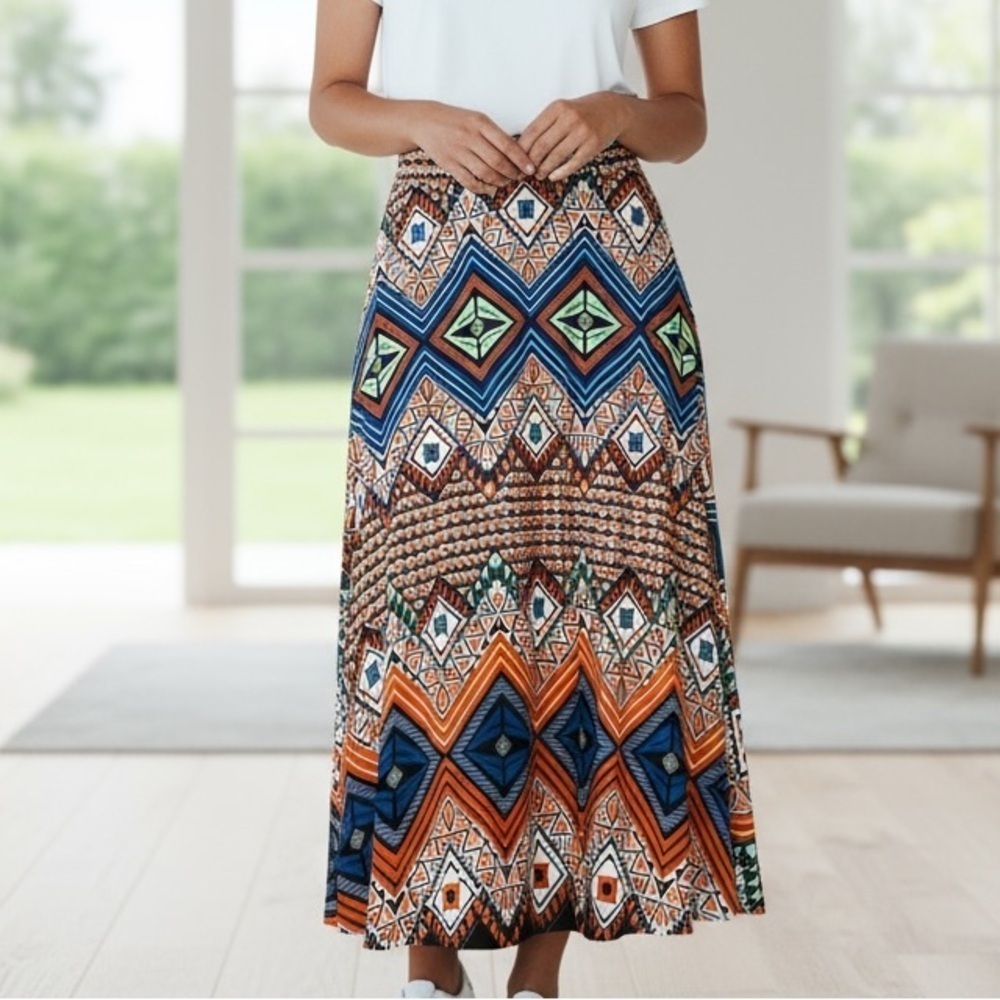 🍀 2/$22 Sunny Leigh Bohemian Abstract Print Long Maxi Skirt Multicolor Medium